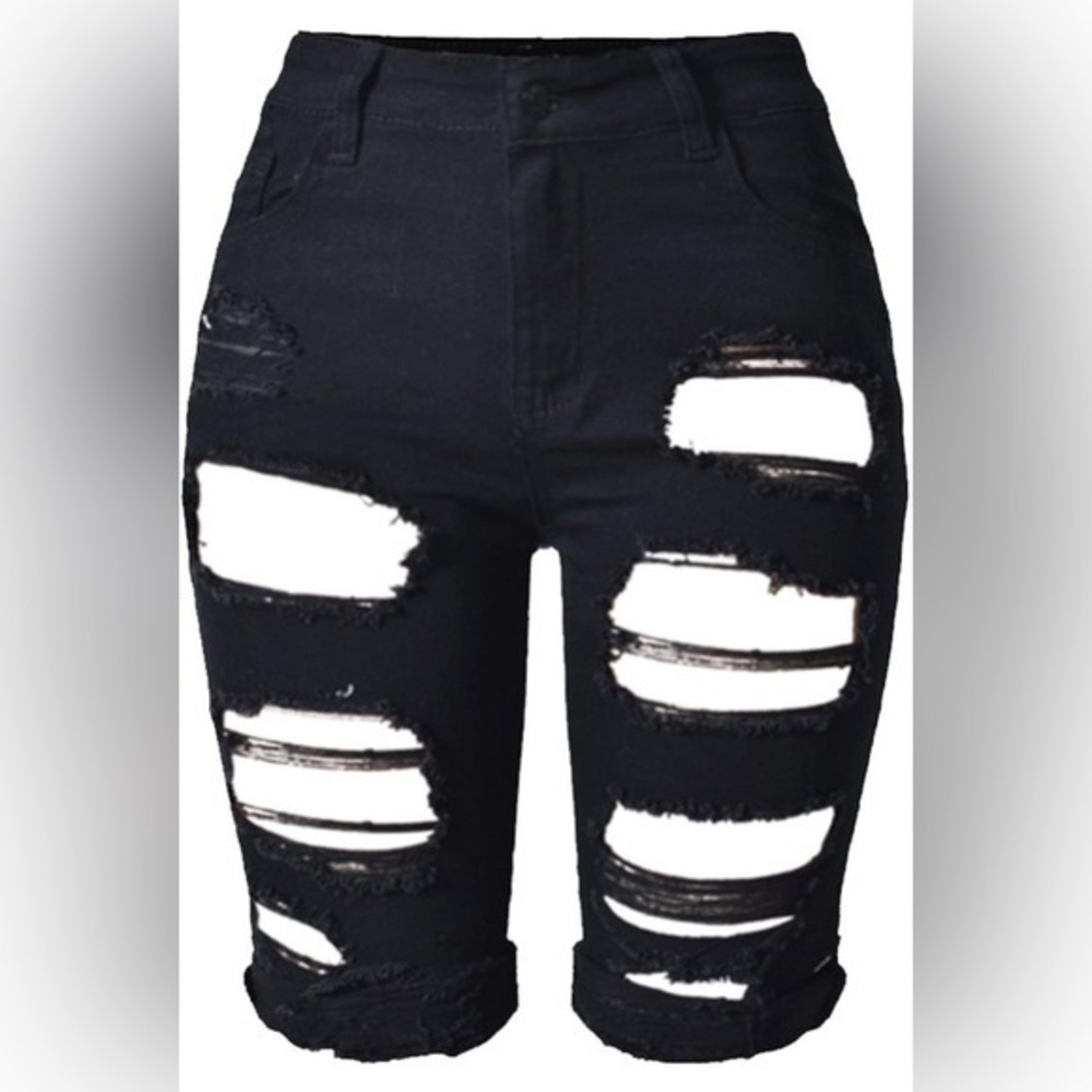 Women’s High Waist Distressed Ripped Jean Shorts - Black Size 10 & 12